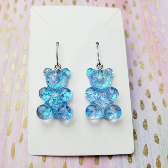 New Blue Confetti Teddy Bear Sparkle Candy Gum Drop Gummy Bear Earrings - Picture 6 of 6
